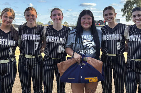 Monday, Kaylee Davis was presented her All-State Jacket for making the All-State Softball team last season. Kaylee an Allen 2025 graduate is pictured with some of her former teammates: Kierra Frederick, Charlie Shults, Kryslyn Stephens, Kayla Nickell - Kaylee - Addison Prentice, Cherish Woodward and Caityn Williams.