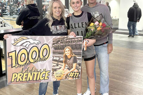 Congratulations to Addison Prentice for becoming a member of the 1,000 point club. Prentice, a senior has been a 4 year starter for the Lady Mustangs. Addison is the daughter of Derek and Heather Prentice.