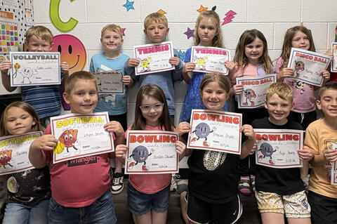 This week’s Kindergarten Sports Champs are Basketball champion Trooper Simpson; Softball champions Paisley Myers and Layne Smith; Soccer champion, Embree Raney (not pictured); Bowling champions Boston Stewart, Graycee Bryen, Rigston Young, Declan Cummings and Tahleah Smith; Tennis champions Liam Brown and Adilynn Massey; Volleyball champion Cash Lyles; Golf champion Kolten Bates; Beachball champion Lincoln Griffith (not pictured); and Disco champions River Wainscott, Ripley Marshall, Morris Burnett and Koll