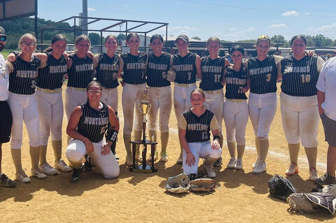 The Lady Mustangs battled back after an opening round loss to sweep the next 4 games to bring home the third place trophy Saturday. (l-r) Coach Marcus Wyatt, Kierra Frederick, Taycee Manuel, Ayla Manuel, Kayla Nickell, Addison Prentice, Cherish Woodward, Kryslyn Stephens, Cami Frederick, Caityn Williams, Charlie Shultz, Kendelynn Vivier, Head Coach Sam Ackerman. front Alina Jones and Kolbi Clark