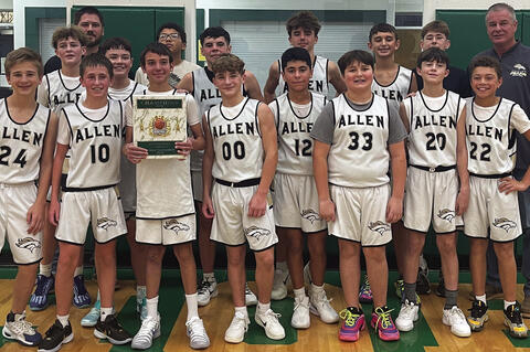 Recently the Allen Junior high basketball team won the championship of the Stonewall tournament. front Ezra Henthorn, Parker HIatt, Bryar Ward, Tyson Lindsey, Eddie Gonzalez, Dax Jasna, Elijah Pierce, D’Andre Hubbard, middle, Dyson Box, Becket Burris, Breken Woodward, Back Coach Bryen, Joseph Johnson, Ayden Moore, Daigan Fisher, Kingston Prentice, Coach Mills