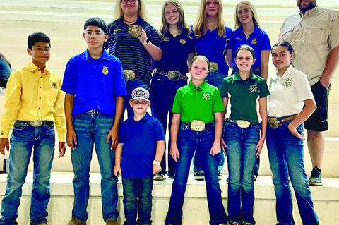 Allen show team: Eddie Gonzalez, Mario Gonzalez, Lane Smith, Maebree Howard, PJ Lewis, Brinley Nemecek. Back Alleigh Horton, Harley Langley, Cameron Batey, Taylor Batey, FFA Advisor Aaron Purkins