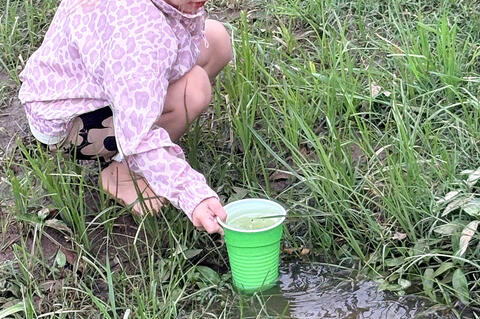 While many of us are tired of the rain and storms, Kannyn Elliott is having a great time looking for frog and making mud pies.