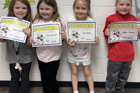 Kindergarten Soccer Champions: Ripley Marshall, River Wainscott, Kolli Russell, &amp; Kolten Bates.