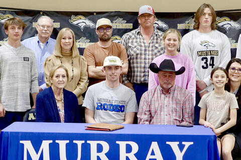 Bodrey Goodson signed his Letter to join the Murray State College Rodeo Team yesterday, Wednesday, March 12, 2025. Present to watch Bodrey’s signing were his family: (seated) Sheila Matthews, Bodrey, Parents Jack and Sheryl Goodson and Eden Goodson; (ba
