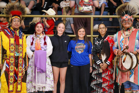 The JOM hosted the native dancers for the Allen Public School. Dancers Muh Robers, Malia Bomberry, Rowenda Roberts and Angela Begay with Allen students Kolbi Clark and Ricklyn Jasna.