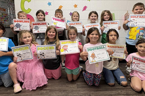 Congratulations to these Kindergarten sports champs: Baseball - Kinsley Gerodimos and Carolyn Tinsley; Basketball - Natavia Johnson; Football - Dawsyn Linker; Softball - Dalynn Wiedel; Soccer - Graycee Bryen, Adilynn Massey, and Tahleah Smith; Bowling - Cash Lyles and Kambree Bailey; Tennis - Hunter Edwards and Lincoln Griffith(not pictured); Golf Ball - Kolli Russell, River Wainscott, Ripley Marshall, and Morris Burnett.