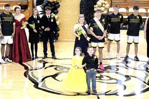 Calvin High School Homecoming: Lyndsey Hemsher and Braden Specht were crown royalty. pictured - Brookeglyn Weyandt, Elexzay Carrillo, Sierra Ulmer, Elijah Allison, Geanny Carrillo, Terra Hart, Kaden Howell, Joseph Roebuck, Lyndsey Hemsher (Queen}, Braden Specht (King), Landen Rippee, Brandon Garner, Kylie Taylor, Julio Zavala Yescas, Alexxis Layne, Jaxton Winningham. Stormie Smith (Flower Girl}, Cash Troup (Crown Bearer)