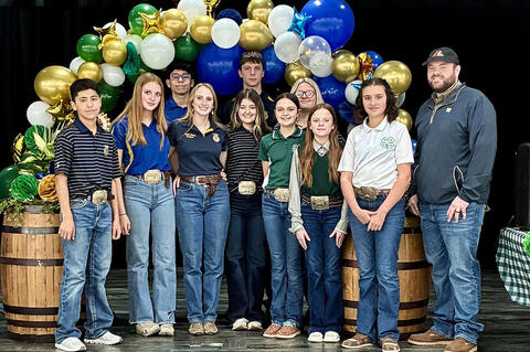 L-R Eddie Gonzalez, Camerson Bailey, Mario Gonzalez, Taylor Batey, Maddie Crabtree, Cooper Newberry, PJ Lewis, Alleigh Horton, Maebree Howard, Brinley Nemecek, and Advisor Aaron Purkins