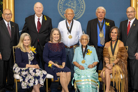 From left, Chickasaw Nation Governor Bill Anoatubby; Joan Marshall, Tom Anderson and Carolyn Tuley, family of Deanna Tuley; Jack Pettigrew; Geneva Holman; Carlin Thompson; Col. Jessica M. Owens; and Chickasaw Nation Lt. Governor Chris Anoatubby.