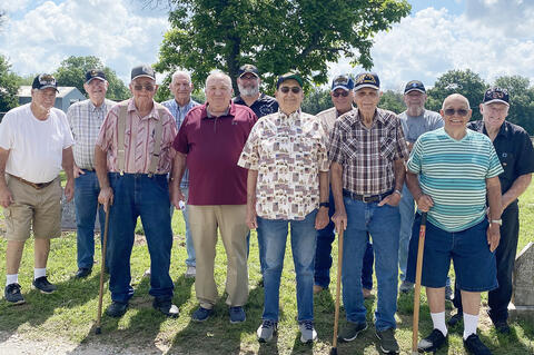 Allen honored its area veterans Monday during the Memorial Day Service at the local cemetery. Wayne Layell brought a message on the sacrifices made by veterans and their families. Pictured, left to right, are Bob Biggs, Charles Speir, Purvey Knighten, Jerry Roberson, Wayne Layell, Jeff Maloy, Wayne Bullard, Gary Vinson, James Summers, Dennis Sappenfield, Pete Joiner and Jearl Knighten.