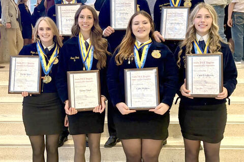 Seventeen members of the Allen FFA attended the 100th State Convention this past May. Congratulations to seven seniors on receiving their State FFA Degree. Pictured are (back, left to right) Kelly Power, Curt Carlos and Cooper Newberry; (front) Taylor Batey, Emma Tomb, Callie Walden, and Cami Frederick. Also congratulations to Taylor Batey for being selected for the Academic Excellence award.