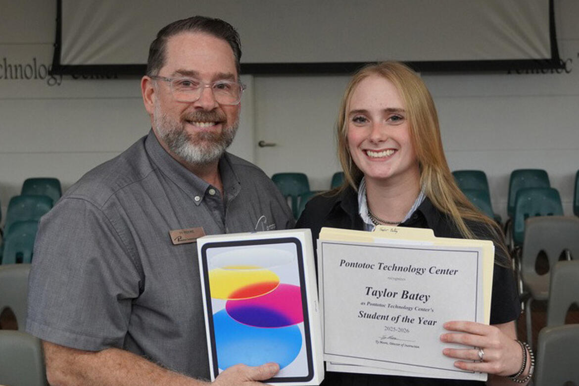 Congratulations to Pontotoc Technology Center’s 2025/26 Student of the Year, Taylor Batey. Taylor, picture here with her instructor, is a PTC HVAC student.