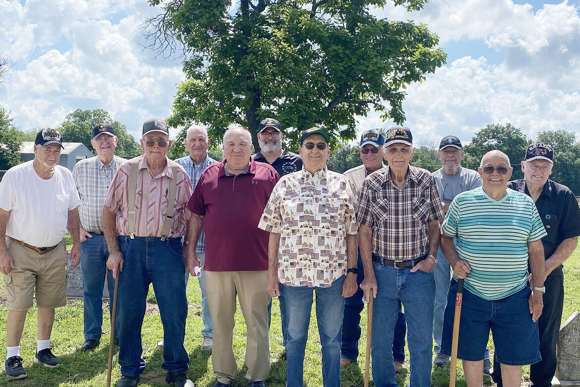 Allen honored its area veterans Monday during the Memorial Day Service at the local cemetery. Wayne Layell brought a message on the sacrifices made by veterans and their families. Pictured, left to right, are Bob Biggs, Charles Speir, Purvey Knighten, Jerry Roberson, Wayne Layell, Jeff Maloy, Wayne Bullard, Gary Vinson, James Summers, Dennis Sappenfield, Pete Joiner and Jearl Knighten.