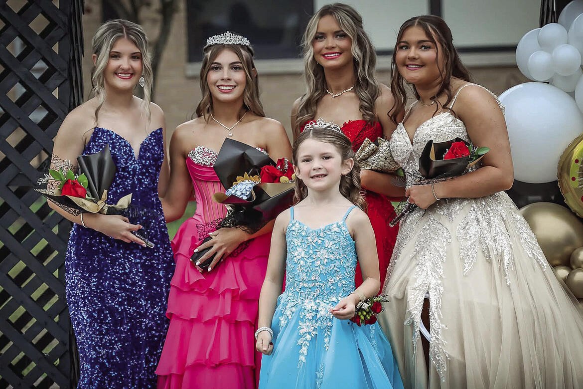 The 2026 Homcomeing Queen and her court. Left - right Junior Maddison Crabtree, Queen Freshman Laynee Heck, Senior Kryslyn Stephens, Sophomore Ricklyn Jasna and front Flower girl Riplee Marshall - more homecoming pics next week.