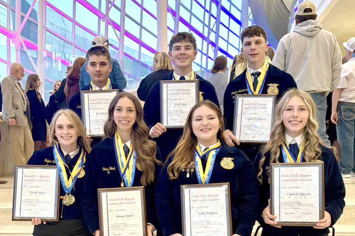Seventeen members of the Allen FFA attended the 100th State Convention this past May. Congratulations to seven seniors on receiving their State FFA Degree. Pictured are (back, left to right) Kelly Power, Curt Carlos and Cooper Newberry; (front) Taylor Batey, Emma Tomb, Callie Walden, and Cami Frederick. Also congratulations to Taylor Batey for being selected for the Academic Excellence award.