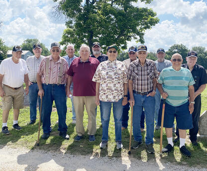Allen honored its area veterans Monday during the Memorial Day Service at the local cemetery. Wayne Layell brought a message on the sacrifices made by veterans and their families. Pictured, left to right, are Bob Biggs, Charles Speir, Purvey Knighten, Jerry Roberson, Wayne Layell, Jeff Maloy, Wayne Bullard, Gary Vinson, James Summers, Dennis Sappenfield, Pete Joiner and Jearl Knighten.