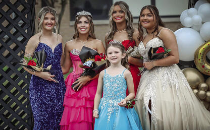The 2026 Homcomeing Queen and her court. Left - right Junior Maddison Crabtree, Queen Freshman Laynee Heck, Senior Kryslyn Stephens, Sophomore Ricklyn Jasna and front Flower girl Riplee Marshall - more homecoming pics next week.