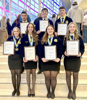 Seventeen members of the Allen FFA attended the 100th State Convention this past May. Congratulations to seven seniors on receiving their State FFA Degree. Pictured are (back, left to right) Kelly Power, Curt Carlos and Cooper Newberry; (front) Taylor Batey, Emma Tomb, Callie Walden, and Cami Frederick. Also congratulations to Taylor Batey for being selected for the Academic Excellence award.