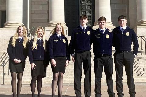 The Allen FFA officer team spent Tuesday at the State Capitol for FFA Day. They got to meet with our State Representative Ronny Johns as well as listen other members of our State Legislation speak. Picture are (left to right) Taylor Batey, Olivia Wallace, Kamlyn Cundiff, Cooper Newberry, Brakstin Horton and Bodrey Goodson.