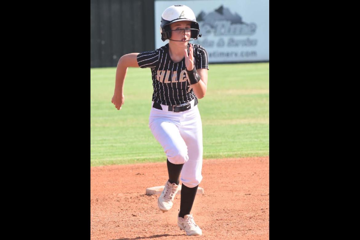 Kloe Goodson stealing third base against Weowka Tuesday. The Allen Junior High will be hosting a Fastpitch tournament on Friday and Saturday, If you get a chance come out and watch these future Lady Mustangs.