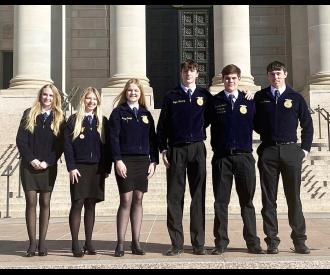 The Allen FFA officer team spent Tuesday at the State Capitol for FFA Day. They got to meet with our State Representative Ronny Johns as well as listen other members of our State Legislation speak. Picture are (left to right) Taylor Batey, Olivia Wallace, Kamlyn Cundiff, Cooper Newberry, Brakstin Horton and Bodrey Goodson.